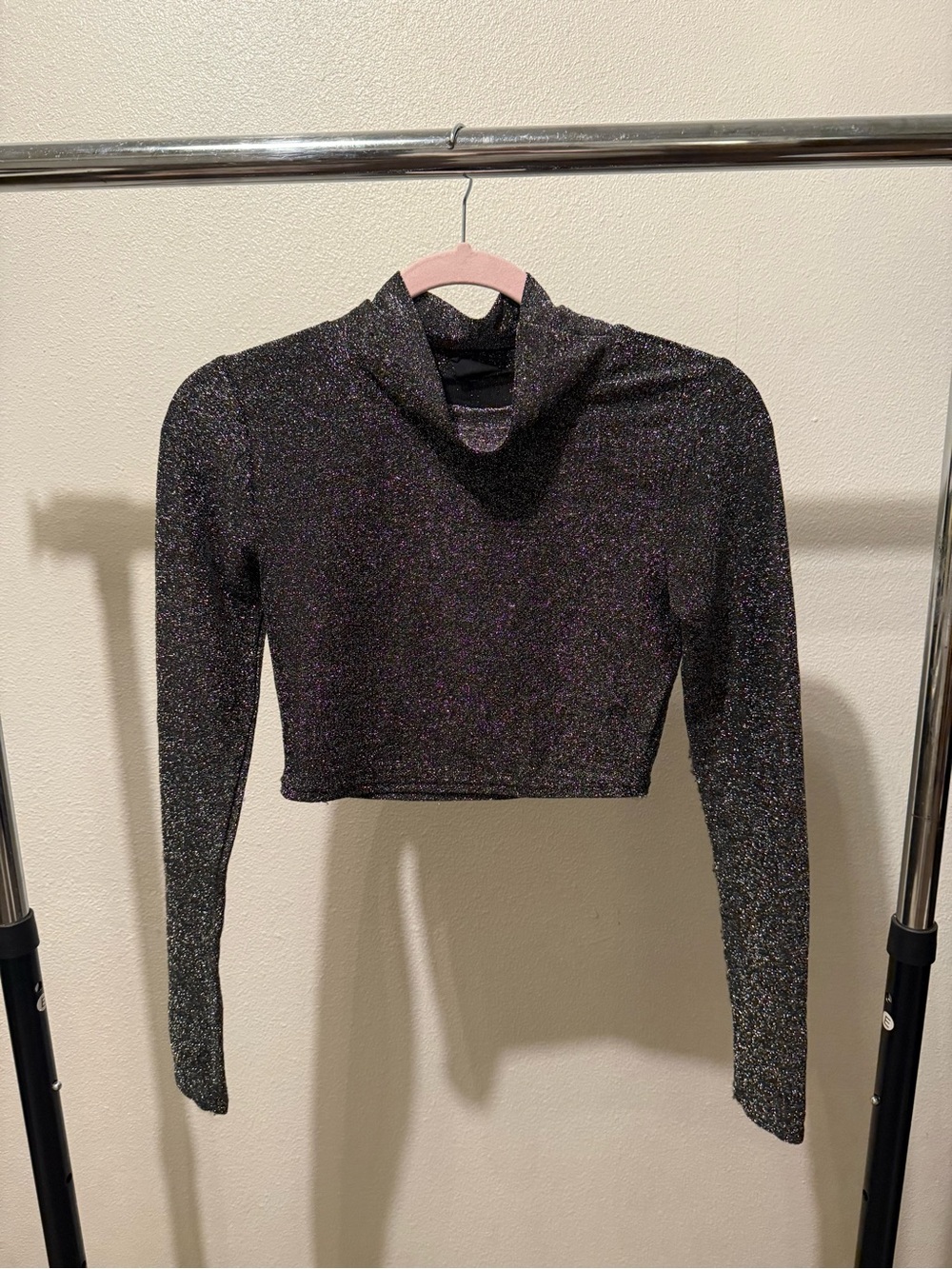 Sparkle Crop Turtleneck Long Sleeve Top - Black